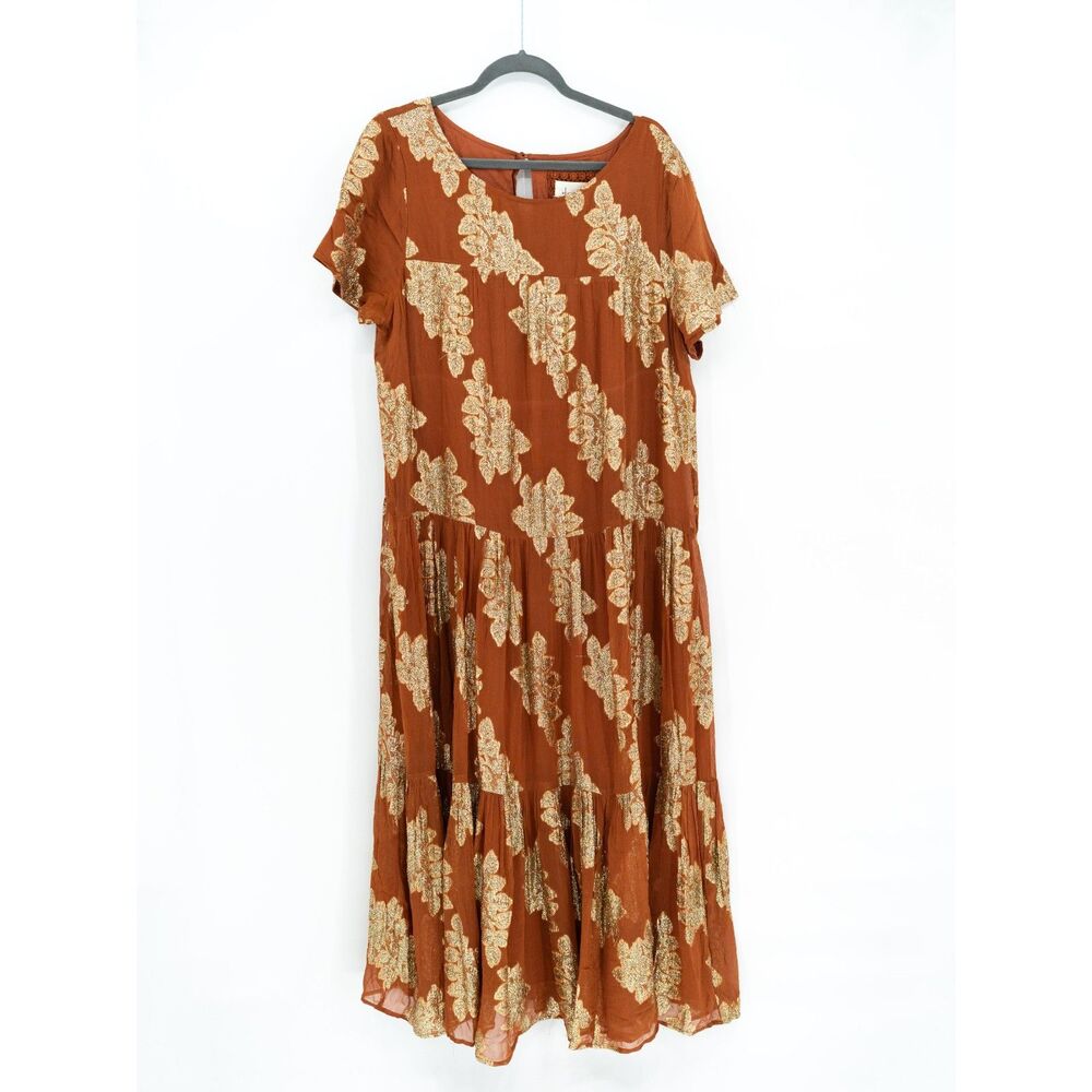 Anthropologie Womens XL Maxi Dress Burnt Orange with Gold Stitched Pattern